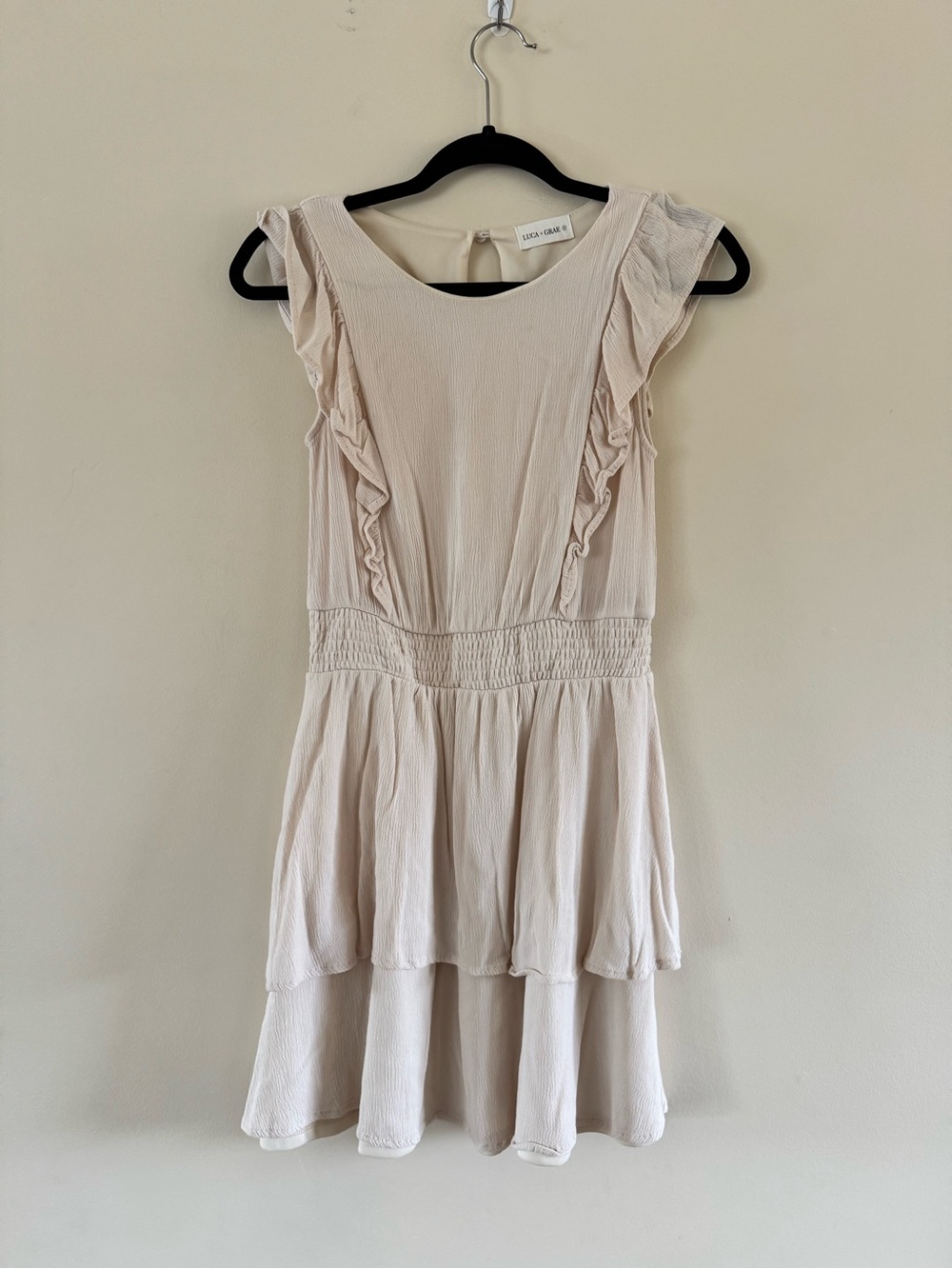 Luca + Grae Cream Ruffle Smocked Waist Mini Dress